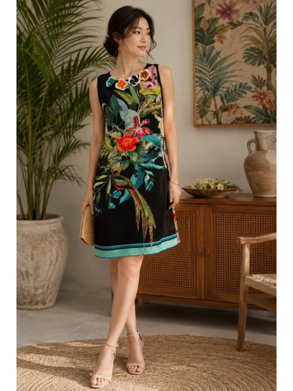 Derhy Tropical Bird Botanical Shift Dress Women’s Small Sleeveless Lined Artful